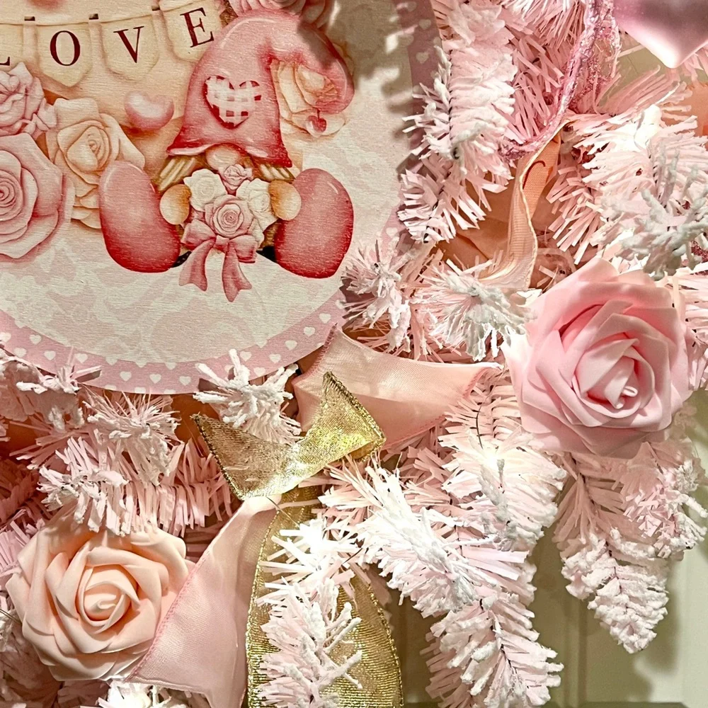 Handmade 22” Valentine’s Day Pink Flocked Garland Gnome LED Wreath W30